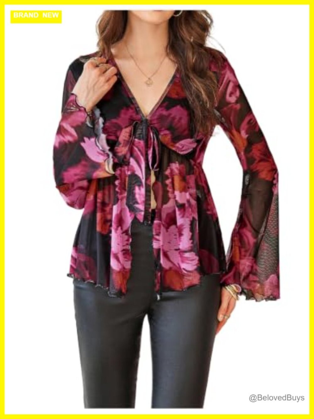 Plus Size Boho Bell Sleeve Peplum Floral Mesh Blouse